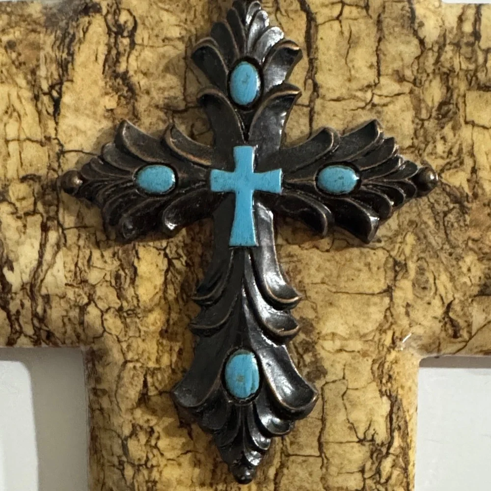 Rustic Southwestern style faux wood and hammered iron wall cross